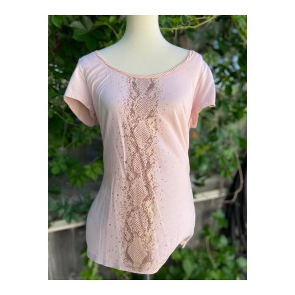 Jennifer Lopez Pink Scoop Neck Tee Shirt Animal Print Stripe Sz L - Picture 1 of 8